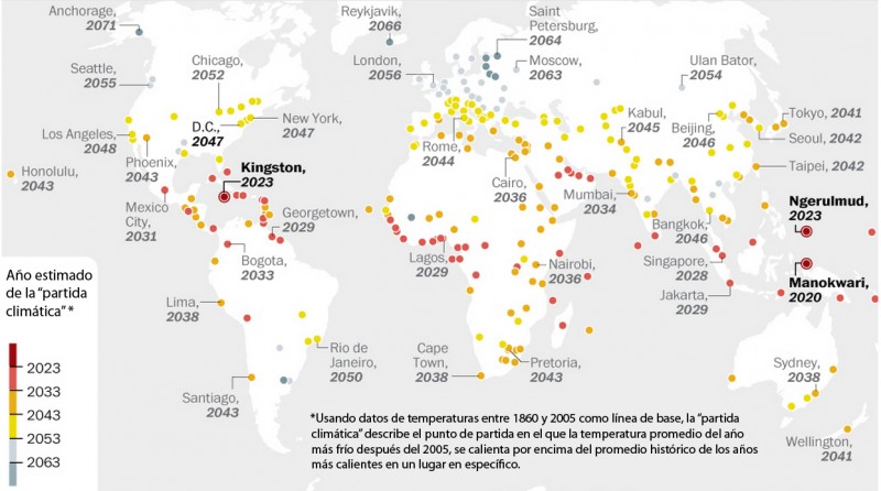 Año de "partida climática" en ciudades. Fuente: The Washington Post 